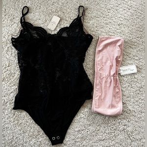 New forever 21 lace bodysuit lingerie bandeau bundle pink black floral f21 large